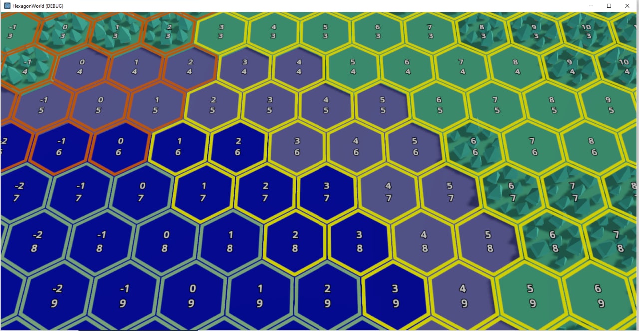 Early version of Hexagon World debugging biomes, solid outline hexagons on every tile with different colours