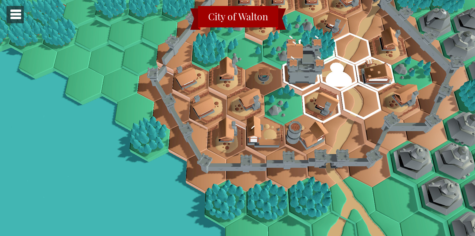 Hexagon World game screenshot showing a city, with the city name &lsquo;City of Walton&rsquo; at the top