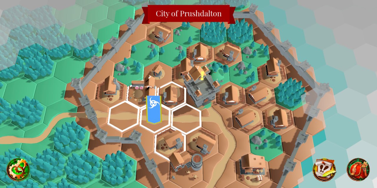 Screenshot from Swords and Hexes, showing the player as a vertical banner with a trim and icon in a city, and a lightly glowing exclamation mark on the castle in the city